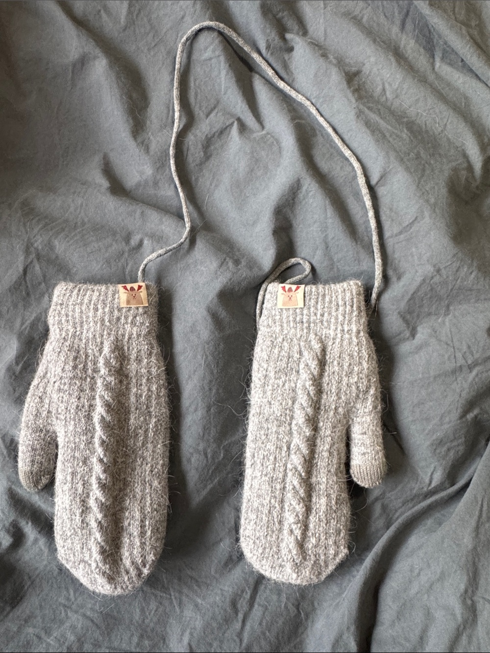 Cable-Knit Mittens with Neck Cord - Gray